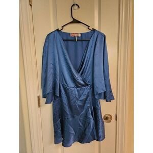 Free People V-Neck Mini Silk Dress, Size 6, Blue